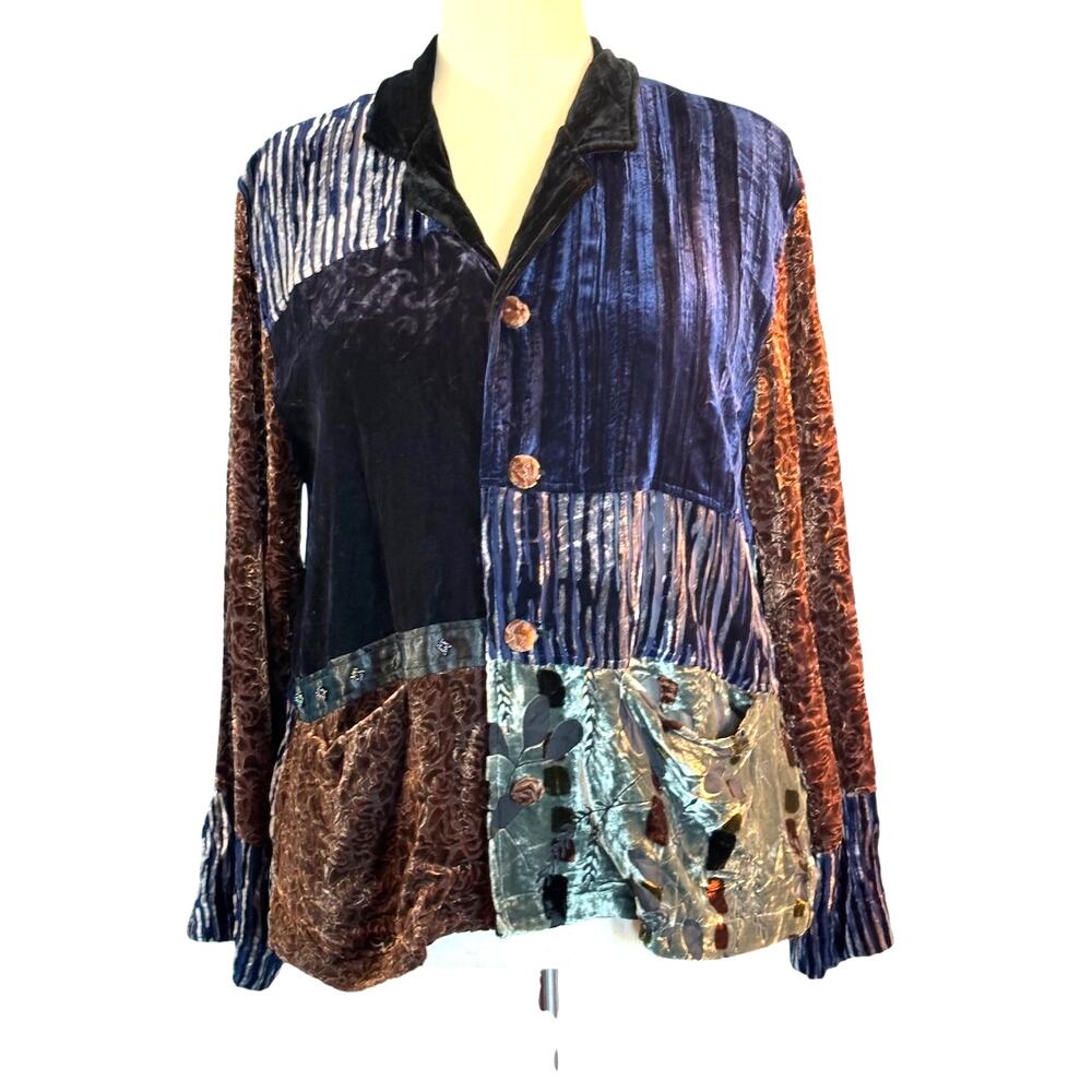Chico's Design Velvet Jacket Mixed Pattern Colors Pockets Button Close 2 12 L